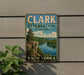 A vintage metal sign for Clark Reservation State Park in New York, featuring a scenic landscape with a river, cliffs, and pine trees.