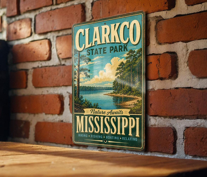 A vintage-style sign for Clarkco State Park, featuring a scenic landscape with a lake and trees, mounted on a brick wall.