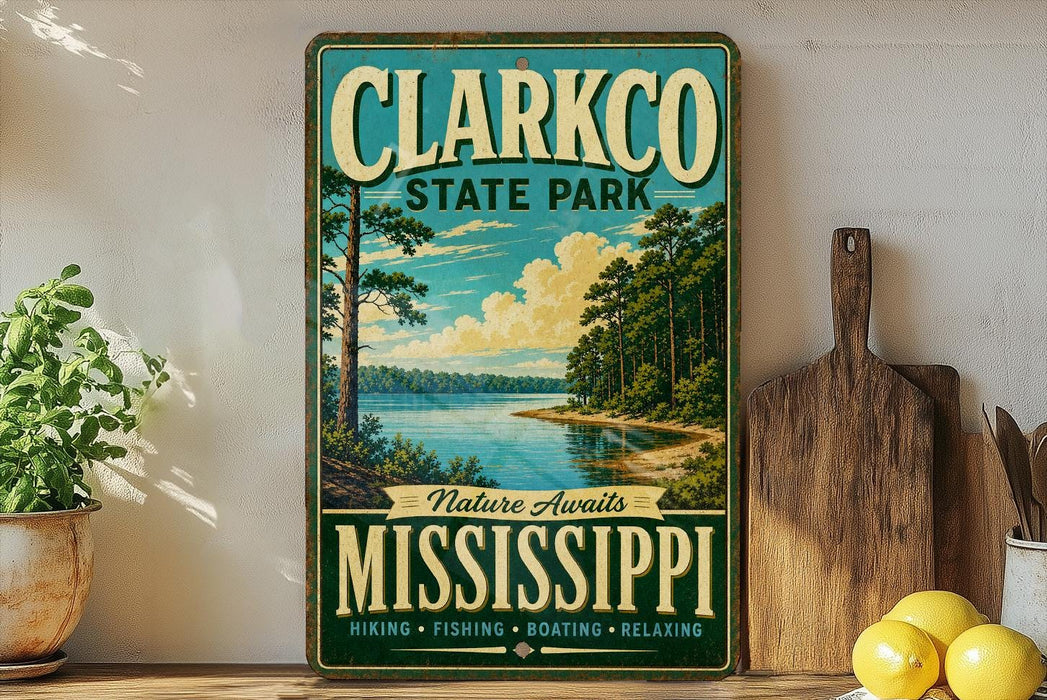 A vintage-style metal sign for Clarkco State Park, featuring a scenic landscape with a lake and trees, is displayed on a shelf next to a wooden cutting board and some lemons.