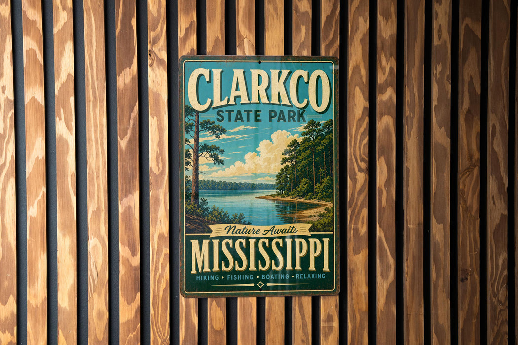 A vintage-style metal sign for Clarkco State Park in Mississippi, featuring a scenic landscape with a lake and trees.
