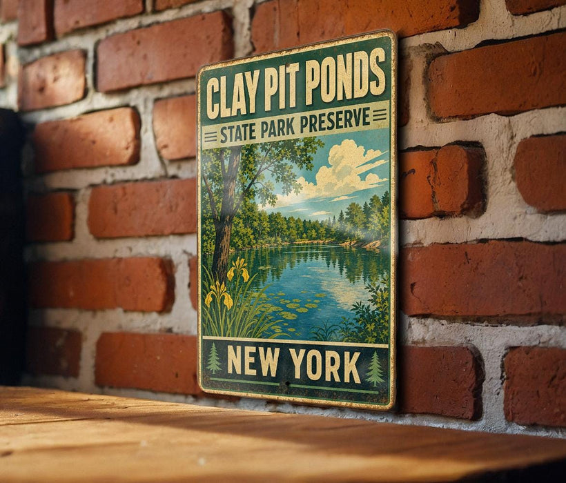A vintage-style metal sign for Clay Pit Ponds, a state park preserve in New York, is displayed on a brick wall.