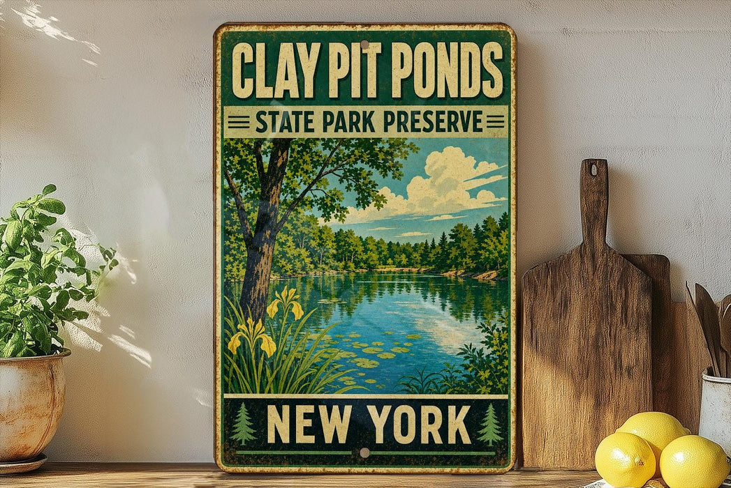 A vintage-style sign for Clay Pit Ponds State Park Preserve in New York, featuring a scenic landscape with a lake, trees, and a cloudy sky.