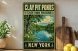 A vintage-style sign for Clay Pit Ponds State Park Preserve in New York, featuring a scenic landscape with a lake, trees, and a cloudy sky.
