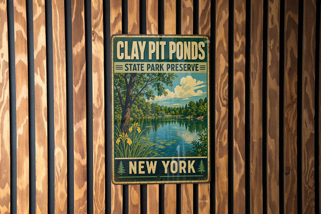 A vintage metal sign for Clay Pit Ponds State Park Preserve, featuring a scenic image of a lake surrounded by trees and mountains.