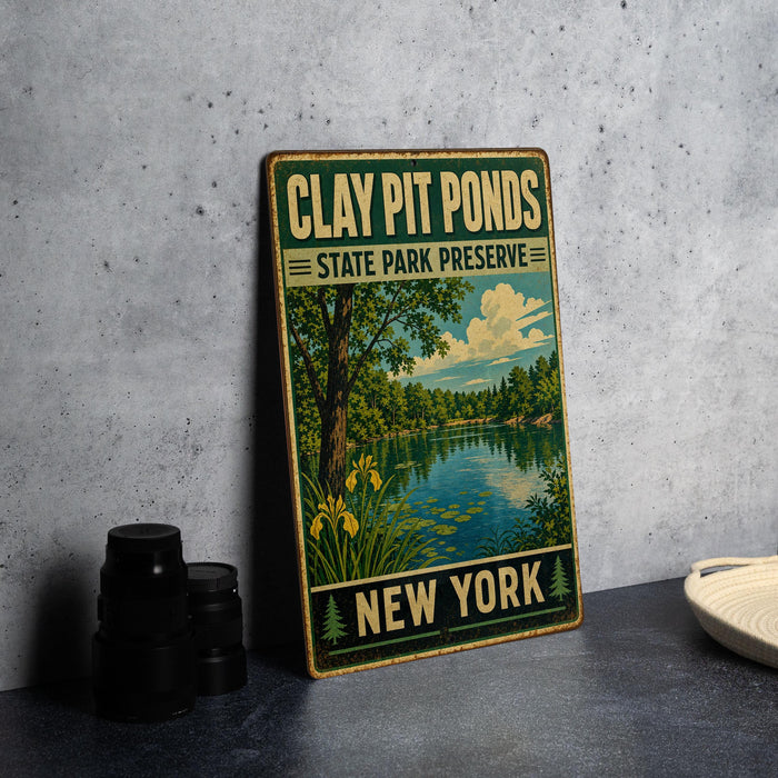 A vintage-style sign for Clay Pit Ponds State Park Preserve in New York, featuring a scenic illustration of a pond surrounded by trees and a cloudy sky.