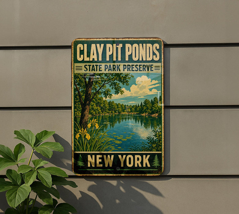 A metal sign with a scenic image of a pond and trees, mounted on a wall next to a plant.