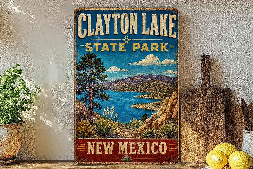 A vintage-style sign for Clayton Lake State Park in New Mexico, featuring a scenic landscape with mountains, a lake, and desert vegetation.