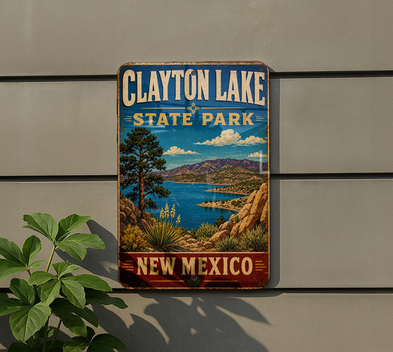 A vintage-style sign for Clayton Lake State Park in New Mexico, featuring a scenic landscape with mountains, a lake, and desert vegetation.