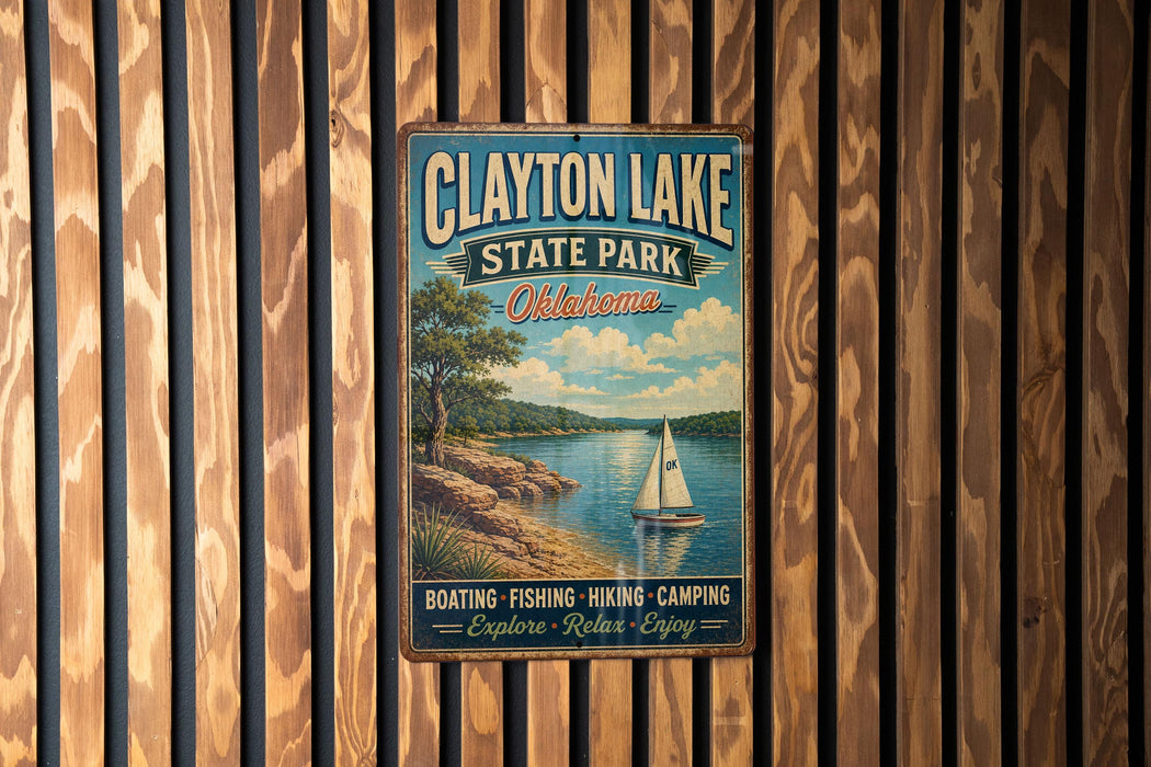 A vintage metal sign for Clayton Lake State Park in Oklahoma, featuring a scenic image of a lake with a sailboat, surrounded by trees and mountains.