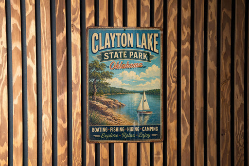 A vintage metal sign for Clayton Lake State Park in Oklahoma, featuring a scenic image of a lake with a sailboat, surrounded by trees and mountains.