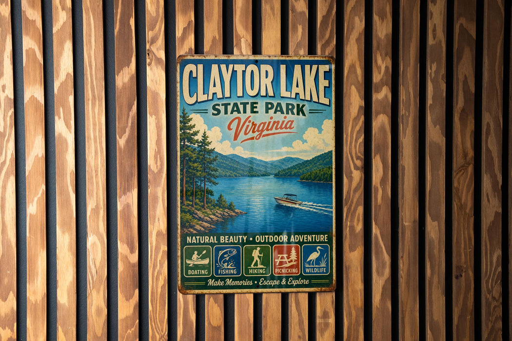 A vintage metal sign for Clayton Lake State Park, Virginia, featuring a scenic image of the lake and mountains.