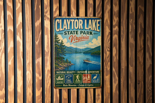 A vintage metal sign for Clayton Lake State Park, Virginia, featuring a scenic image of the lake and mountains.