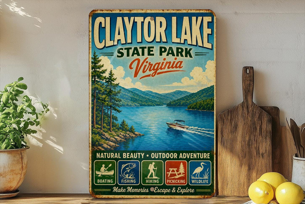 A vintage-style metal sign for Claytor Lake State Park, Virginia, featuring a scenic image of the lake surrounded by mountains and trees.