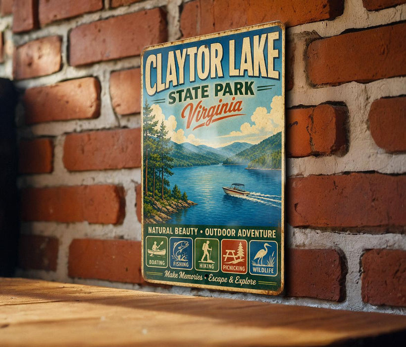 A vintage-style metal sign for Clayton Lake State Park in Virginia, featuring a scenic image of the lake and mountains.