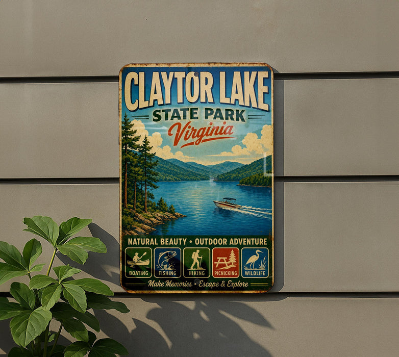 A vintage metal sign for Claytor Lake State Park in Virginia, featuring a scenic image of the lake surrounded by mountains and a boat on the water.