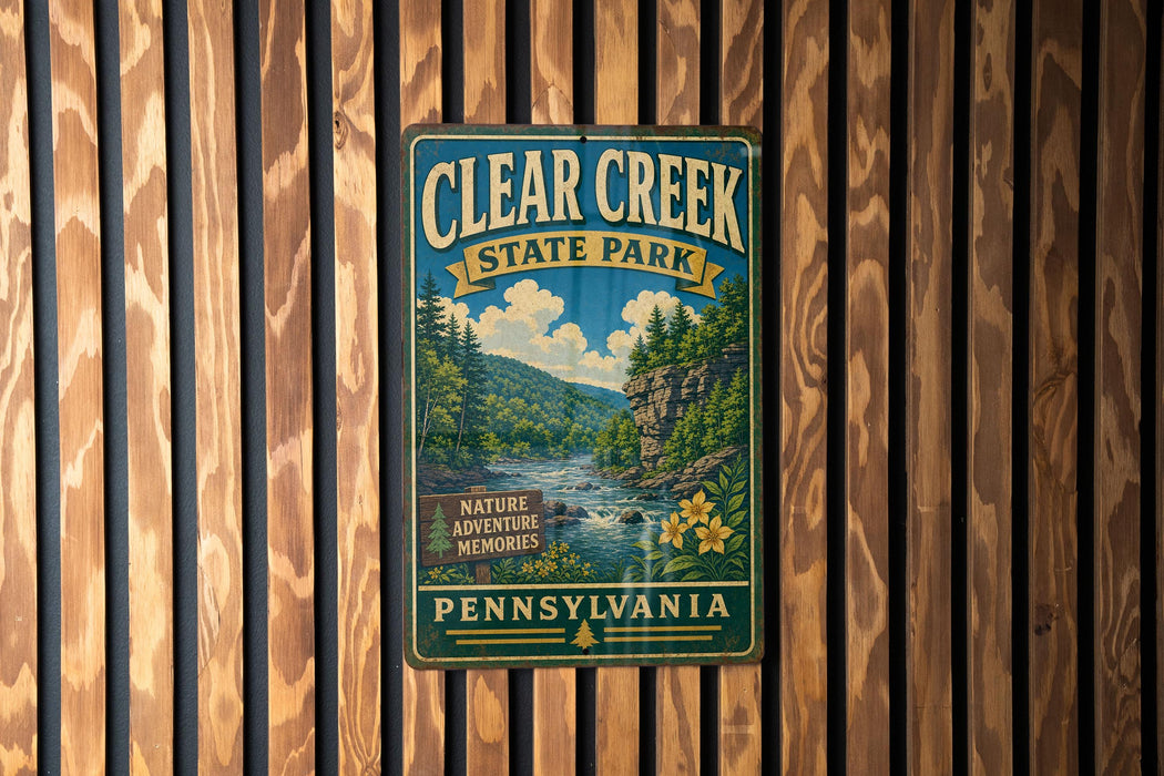 A vintage metal sign for Clear Creek State Park in Pennsylvania, featuring a scenic illustration of the park's natural surroundings.