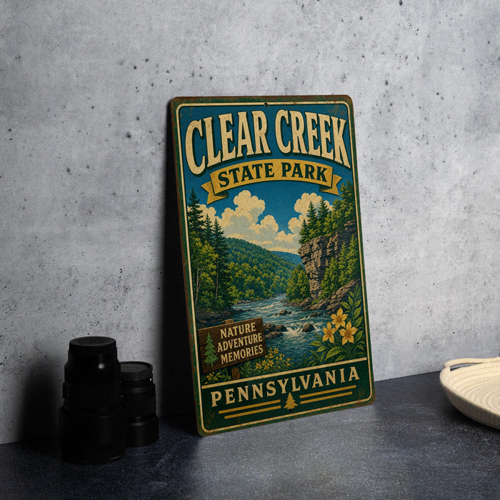 A vintage-style metal sign for Clear Creek State Park in Pennsylvania, featuring a scenic landscape with a river, trees, and mountains.