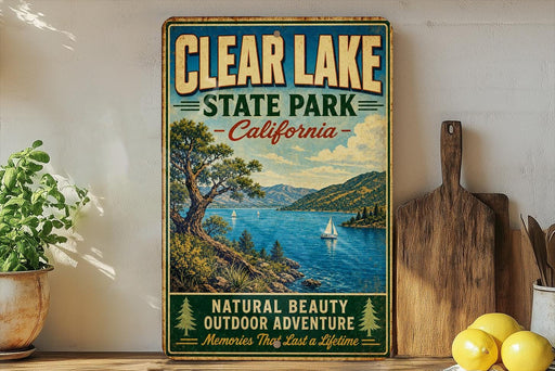 A vintage-style sign for Clear Lake State Park, California, featuring a scenic landscape with a lake, mountains, and sailboats.