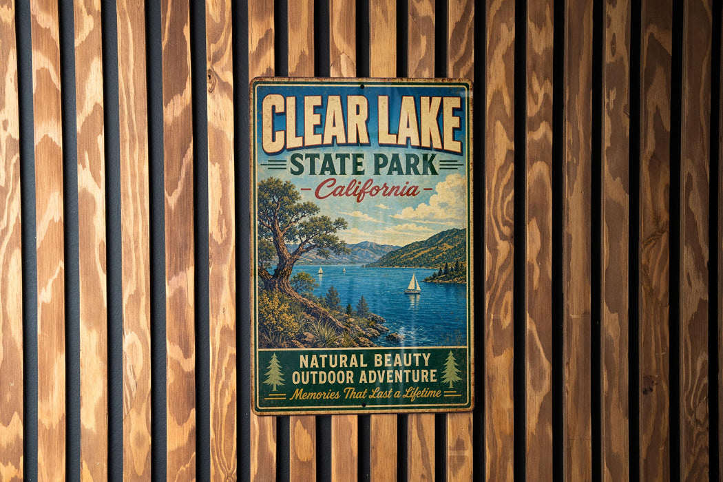A vintage metal sign for Clear Lake State Park, California, featuring a scenic landscape with a lake, mountains, and a sailboat.