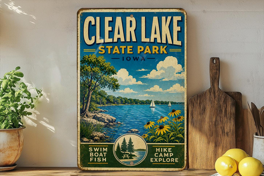 a vintage-style sign for Clear Lake State Park, Iowa, with a scenic illustration of the lake, trees, and boats.