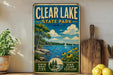 a vintage-style sign for Clear Lake State Park, Iowa, with a scenic illustration of the lake, trees, and boats.