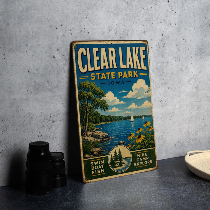 A vintage-style metal sign for Clear Lake State Park in Iowa, featuring a scenic illustration of the lake and surrounding landscape.