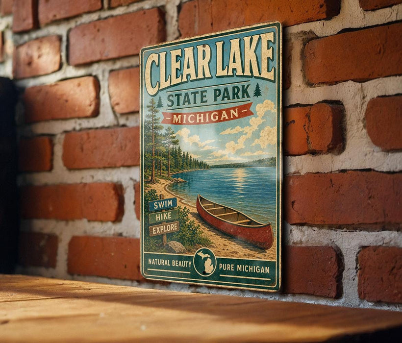 A vintage metal sign for Clear Lake State Park in Michigan, featuring a scenic illustration of a lake, canoe, and surrounding forest.