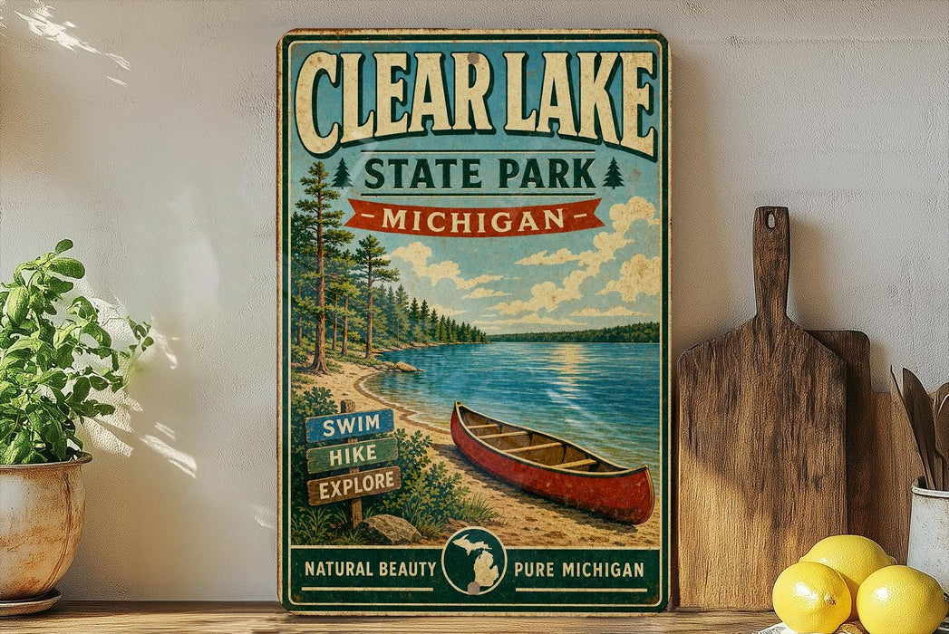 a vintage-style sign for Clear Lake State Park, Michigan, with a scenic illustration of a lake, trees, and a canoe.
