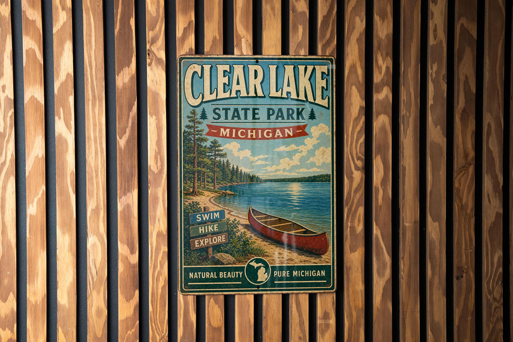 A vintage metal sign for Clear Lake State Park in Michigan, featuring a canoe on a lake surrounded by pine trees.