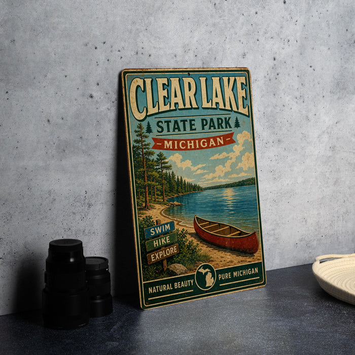 A vintage metal sign for Clear Lake State Park in Michigan, featuring a scenic illustration of a lake, canoe, and forest.