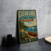 A vintage metal sign for Clear Lake State Park in Michigan, featuring a scenic illustration of a lake, canoe, and forest.