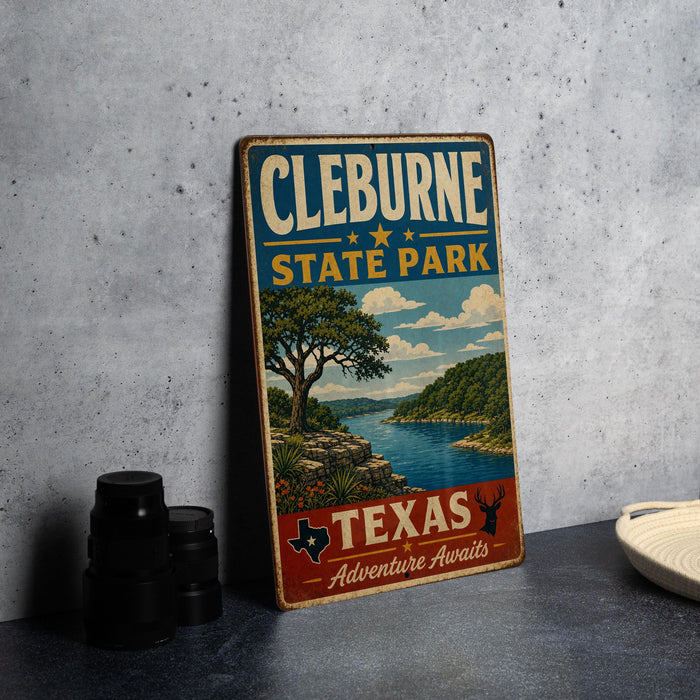 A vintage-style metal sign for Cleburne State Park, featuring a scenic landscape with a river and trees, is displayed on a gray countertop.