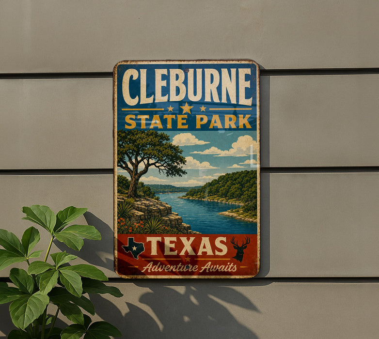 A vintage metal sign for Cleburne State Park in Texas, featuring a scenic landscape with a river and trees.