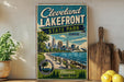 A vintage-style sign for Cleveland Lakefront State Park in Ohio, featuring a scenic image of the park and the city skyline.