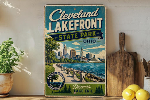 A vintage-style sign for Cleveland Lakefront State Park in Ohio, featuring a scenic image of the park and the city skyline.