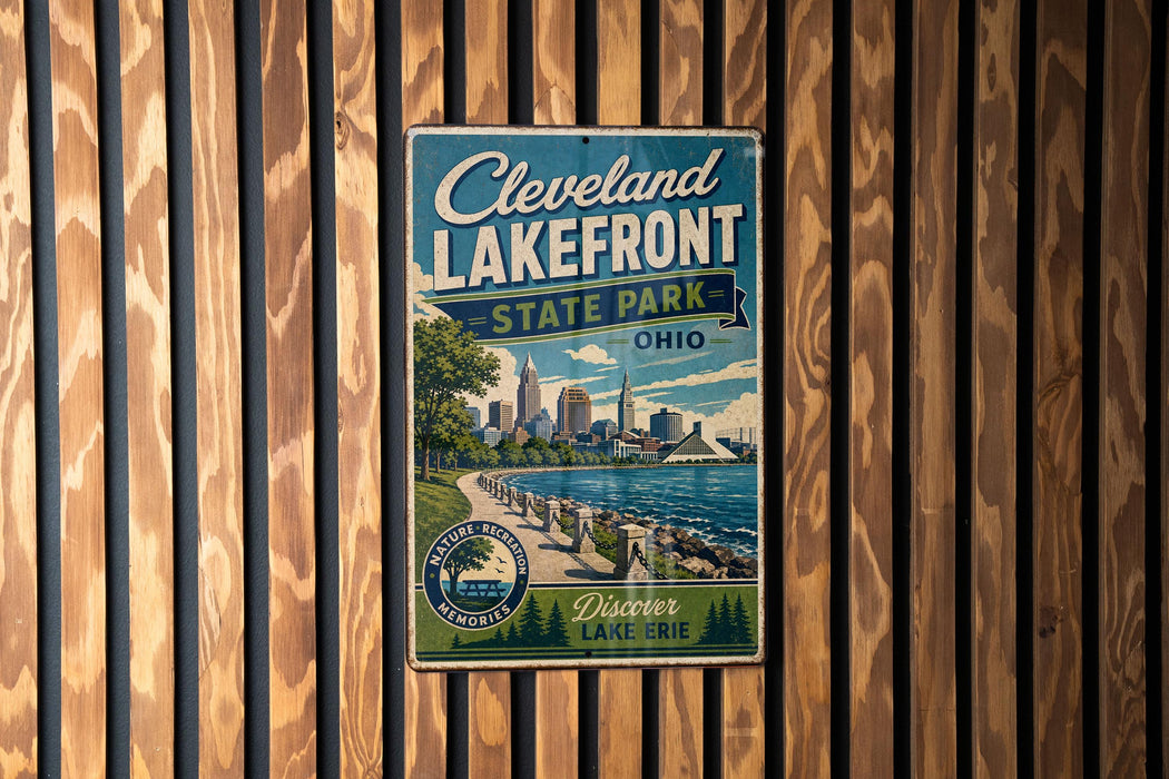 A vintage-style metal sign for Cleveland Lakefront State Park, Ohio, featuring a scenic illustration of the park and its surroundings.