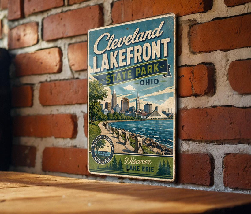 A vintage-style sign for Cleveland Lakefront State Park, Ohio, featuring a scenic image of the park and the city skyline.