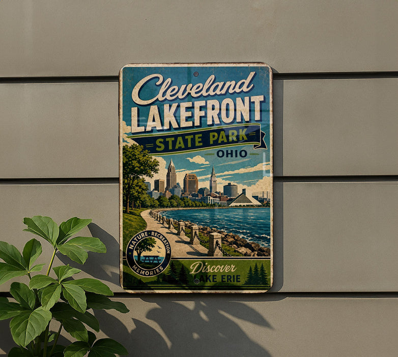 A vintage-style sign for Cleveland Lakefront State Park in Ohio, featuring a scenic image of the park and the city skyline.