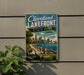 A vintage-style sign for Cleveland Lakefront State Park in Ohio, featuring a scenic image of the park and the city skyline.
