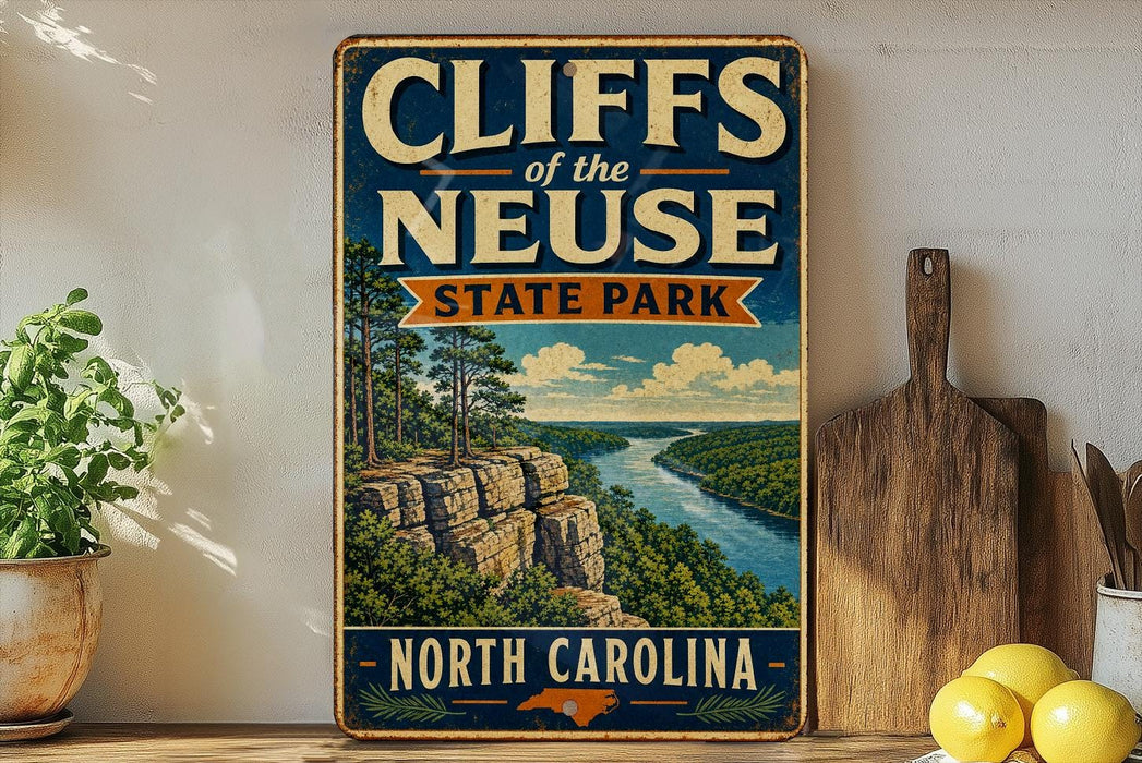 A vintage-style sign for Cliffs of the Neuse State Park in North Carolina, featuring a scenic landscape with a river and cliffs.