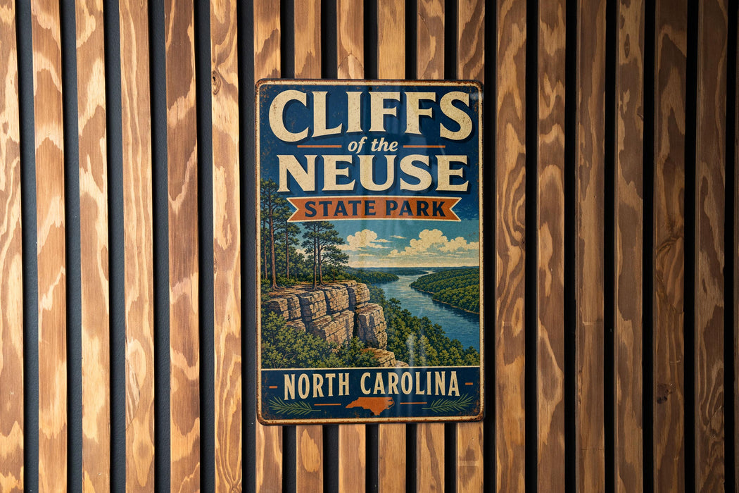 A vintage metal sign for Cliffs of the Neuse State Park in North Carolina, featuring a scenic illustration of a cliff overlooking a river.