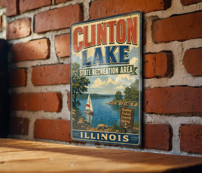 A vintage-style metal sign for Clinton Lake, Illinois, featuring a scenic image of a lake with a sailboat and mountains in the background.