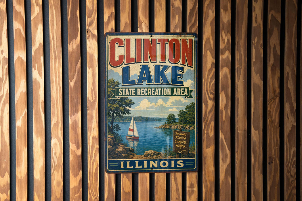 A vintage metal sign for Clinton Lake, Illinois, featuring a sailboat on the lake and a scenic landscape.