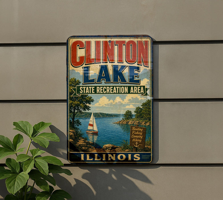 A vintage-style sign for Clinton Lake, Illinois, featuring a scenic image of the lake and surrounding landscape.