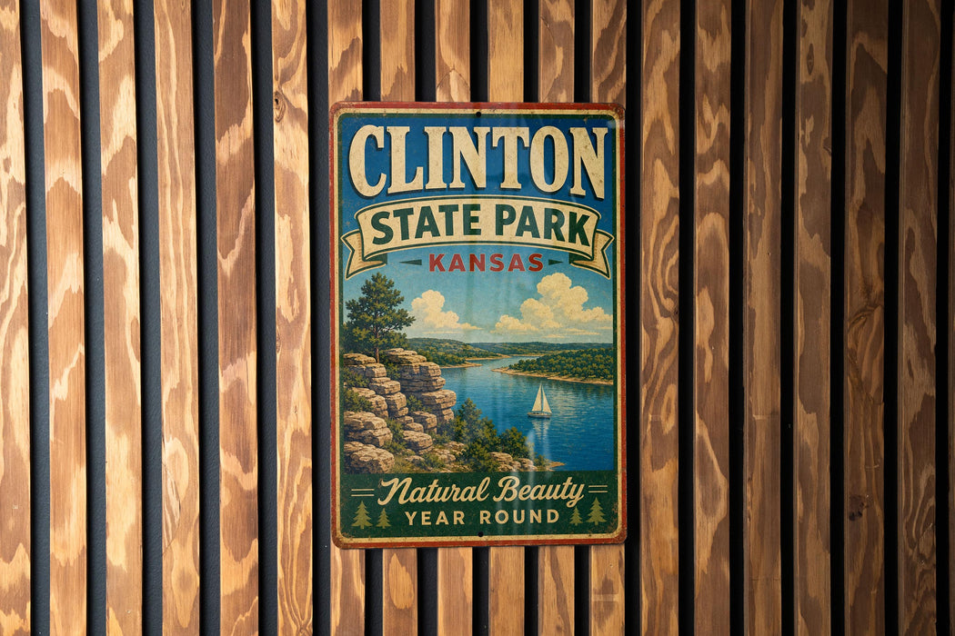 A vintage metal sign for Clinton State Park in Kansas, featuring a scenic landscape with a lake, mountains, and a sailboat.