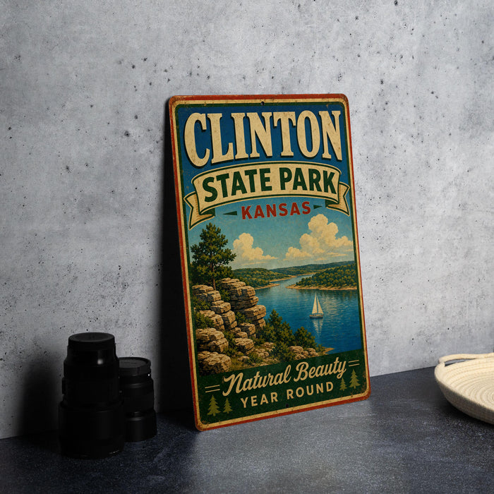 A vintage-style sign for Clinton State Park in Kansas, featuring a scenic landscape with a lake, mountains, and a sailboat.