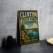 A vintage-style sign for Clinton State Park in Kansas, featuring a scenic landscape with a lake, mountains, and a sailboat.