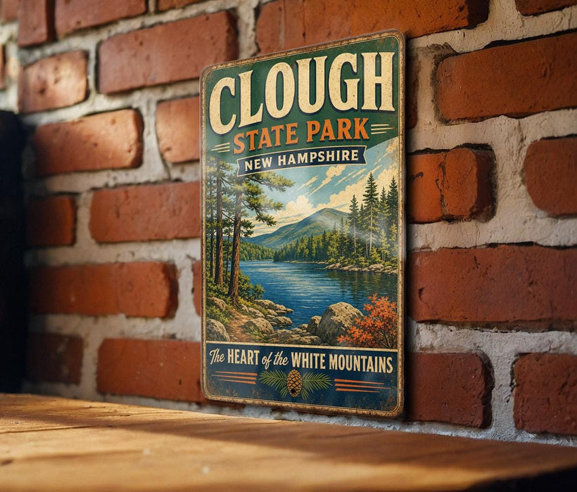 A vintage-style metal sign for Clough State Park in New Hampshire, featuring a scenic landscape with pine trees, a lake, and mountains.