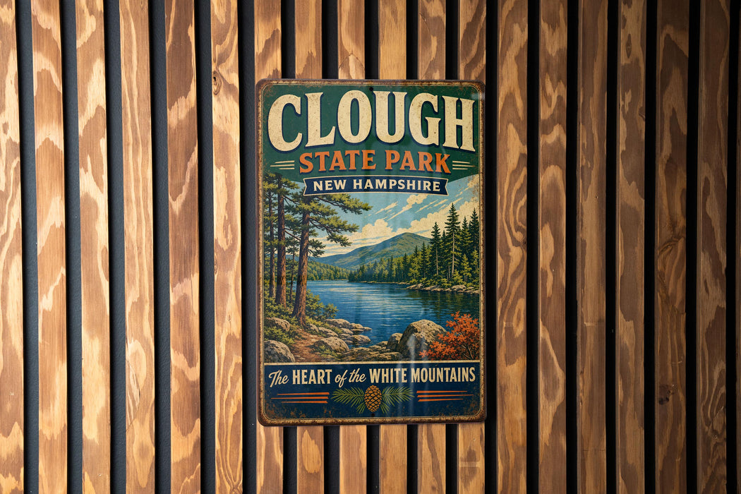 A vintage metal sign for Clough State Park in New Hampshire, featuring a scenic landscape with pine trees, a lake, and mountains.