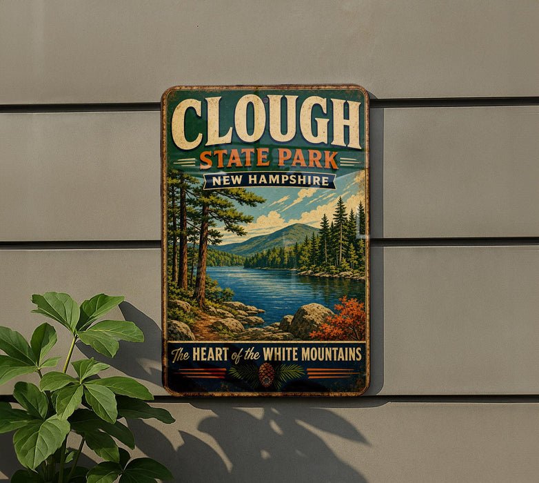 A vintage metal sign for Clough State Park in New Hampshire, featuring a scenic landscape with pine trees, a lake, and mountains.